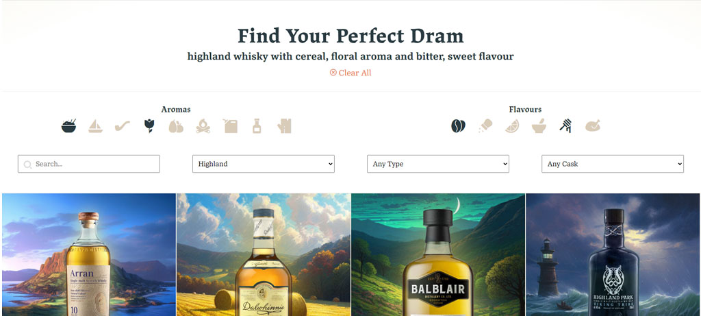 Screenshot of filtering whisky by aromas and flavours